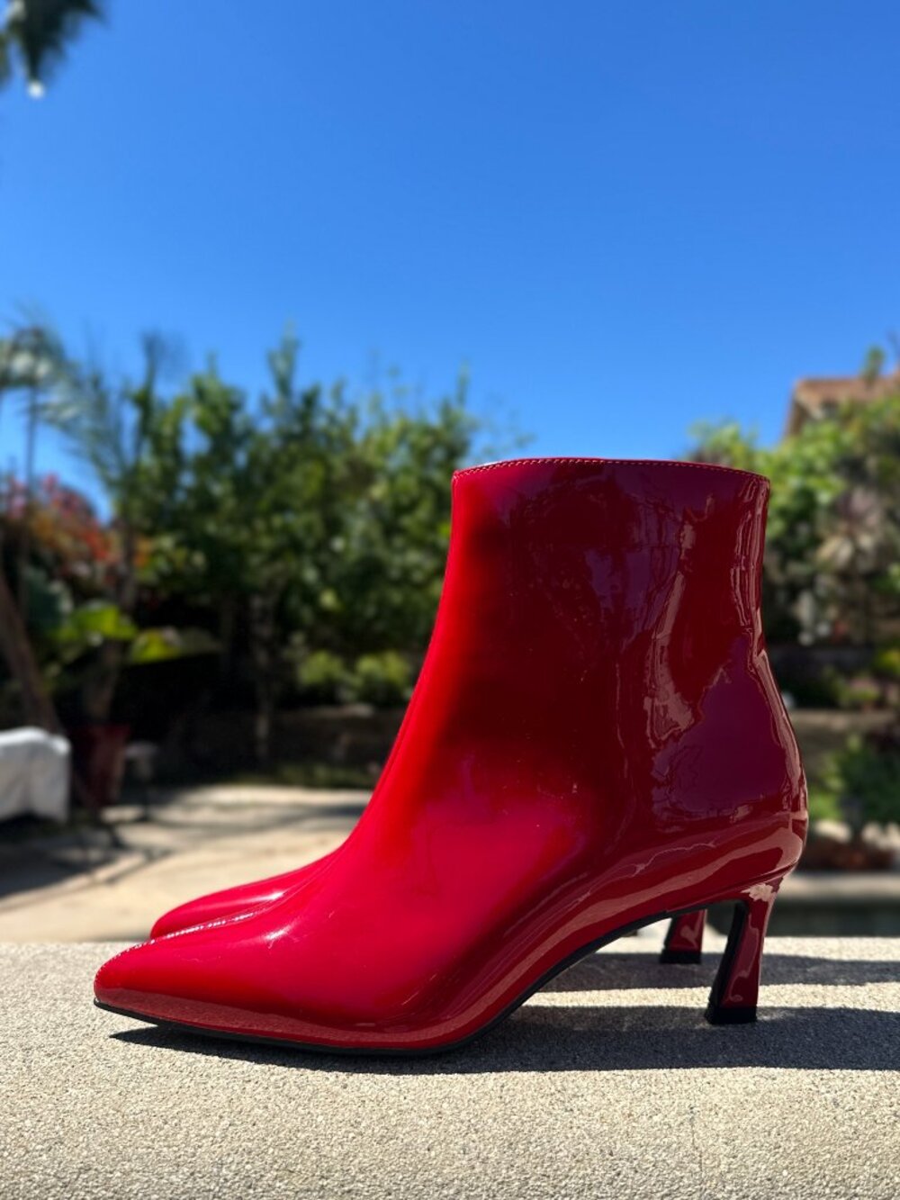 New True Red Pointed Toe Kitten Low Heel Ankle Boots Booties Faux Patent Leather - Picture 3 of 5